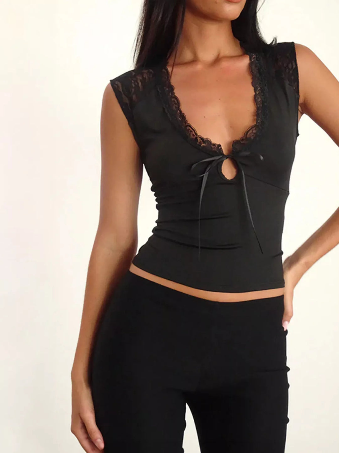 Black Lace trim V-neck tank top with front tie bow