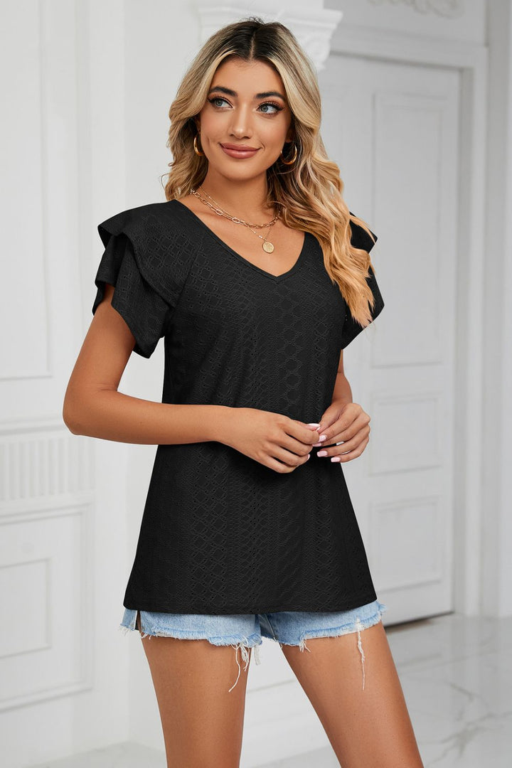 Eyelet knit V-neck top with layered flutter sleeves