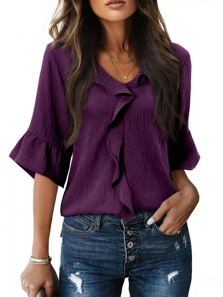 Purple Ruffle trim V-neck blouse with flared bell sleeves