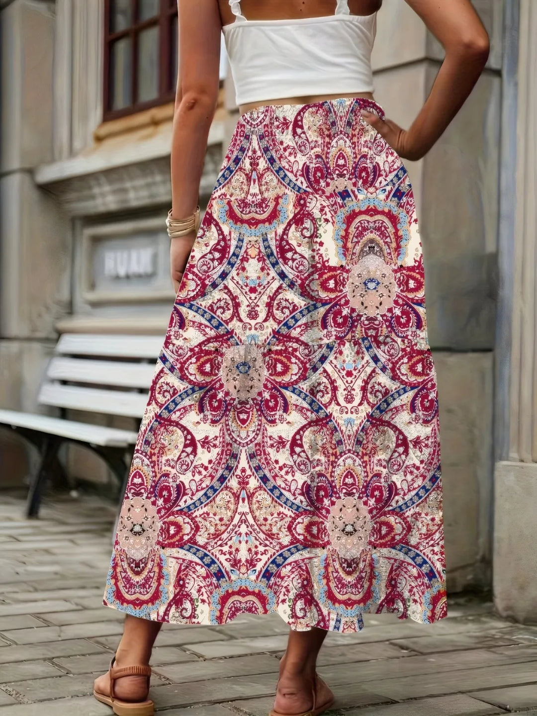Smocked high-waist paisley print maxi skirt