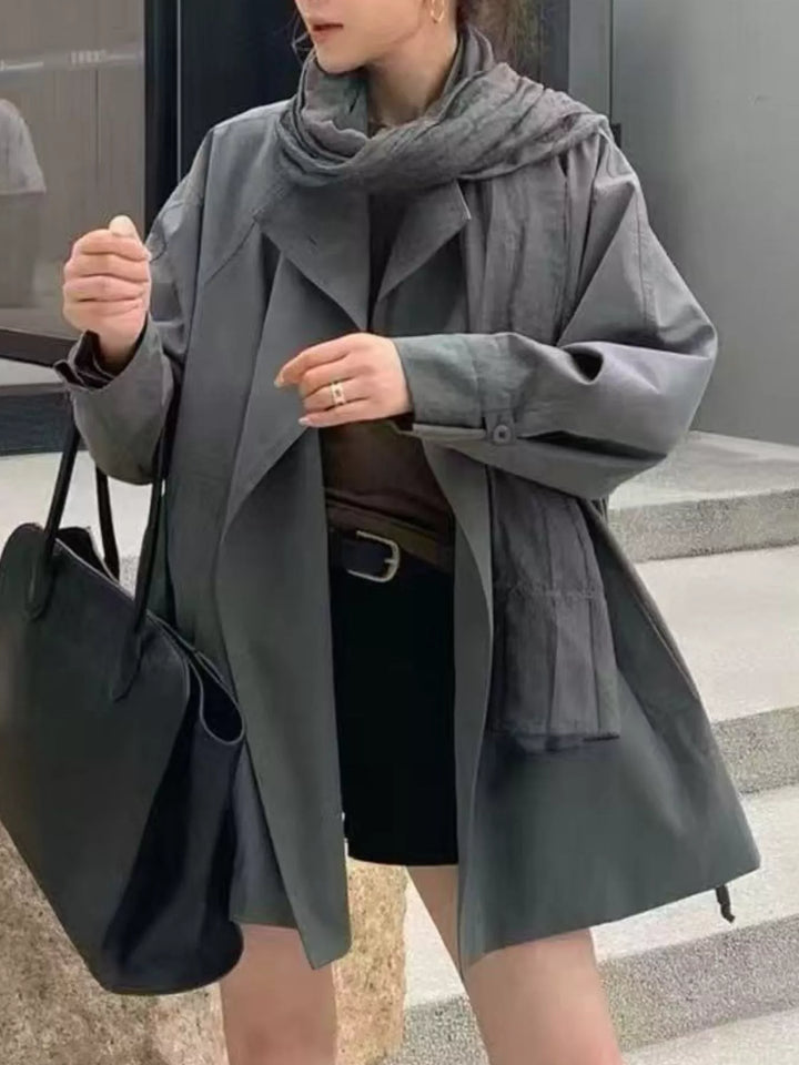 Dark Gray Open front drawstring waist trench coat with notched lapel