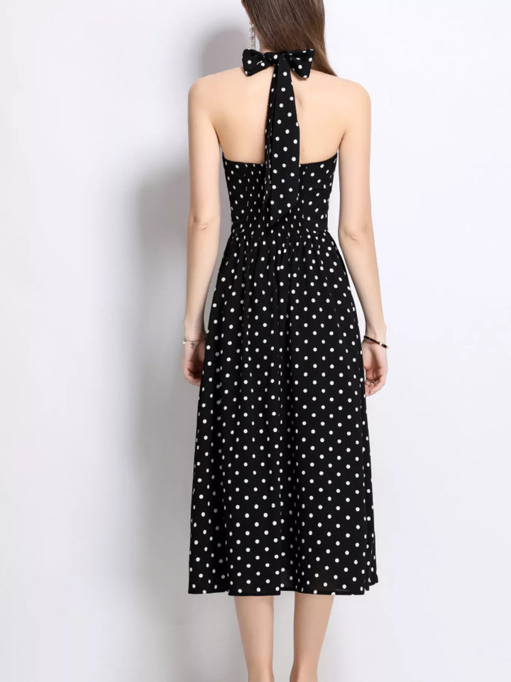 Polka dot halter midi dress with full A-line skirt
