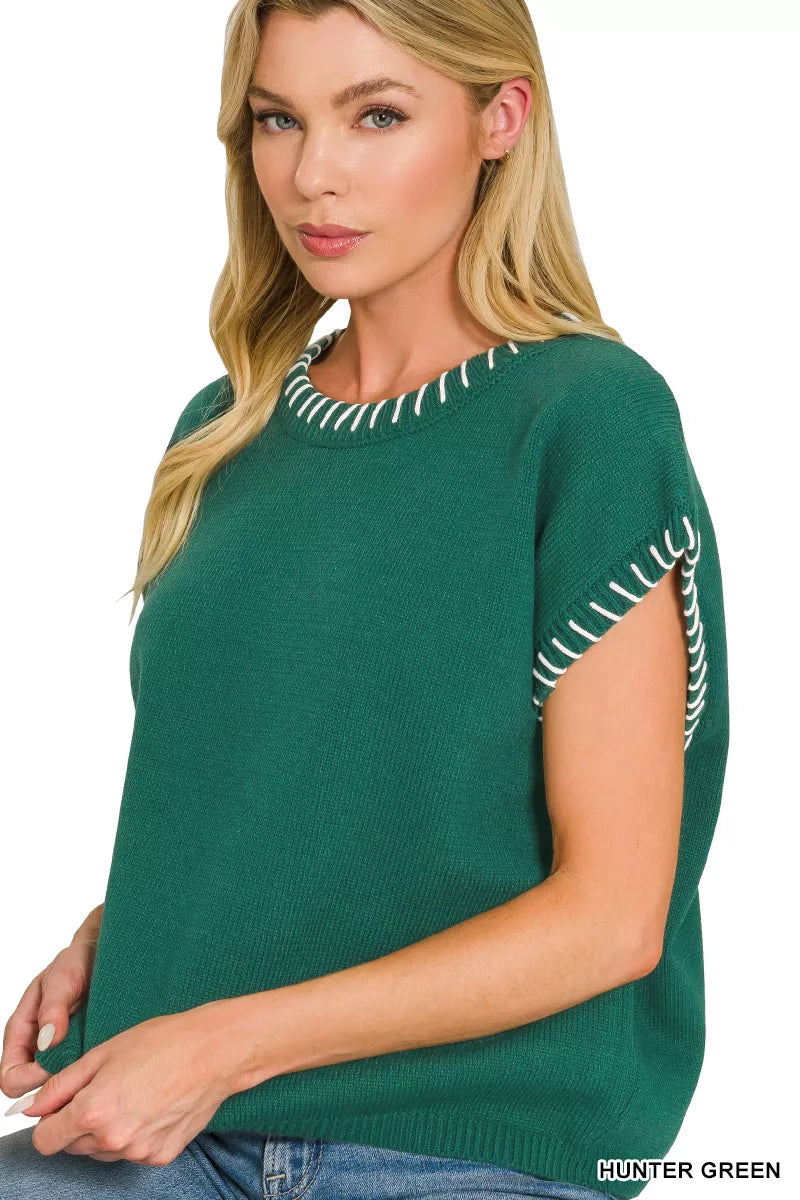 Whipstitch trim oversized short sleeve knit sweater