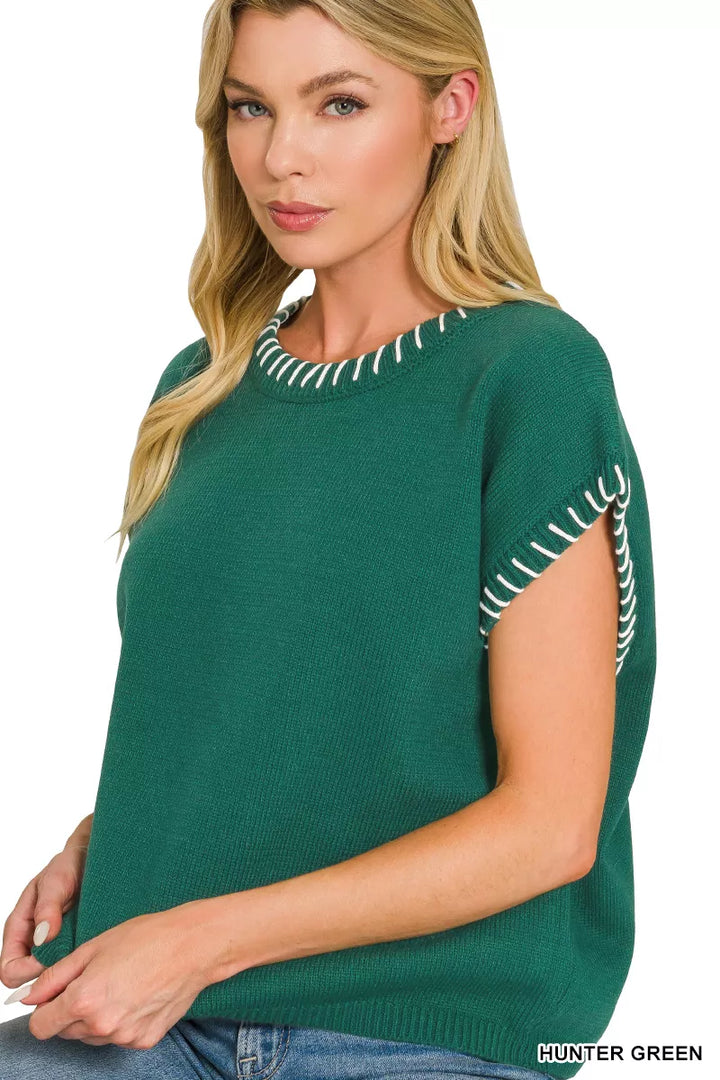 Whipstitch trim oversized short sleeve knit sweater