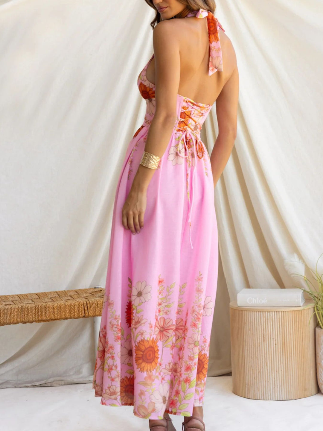 Sunflower print halter maxi dress with plunge neckline