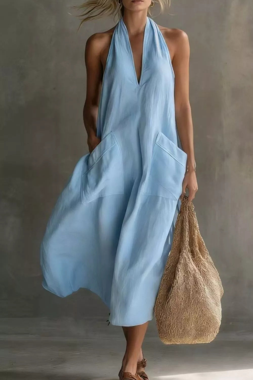 Light Blue Relaxed halter neck midi dress with patch pockets