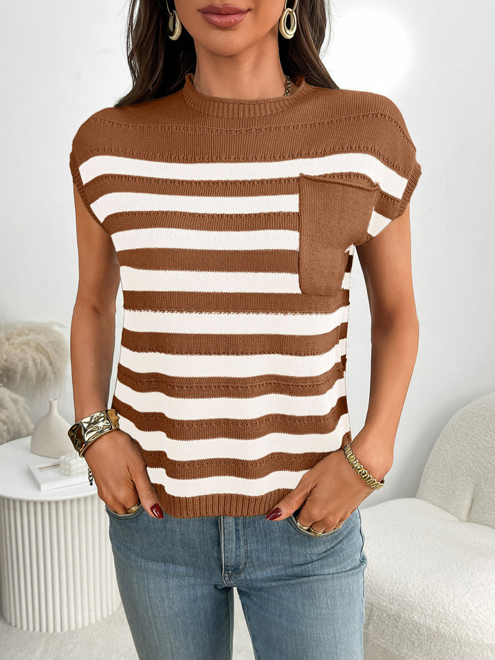 Striped knit cap sleeve top with patch pocket