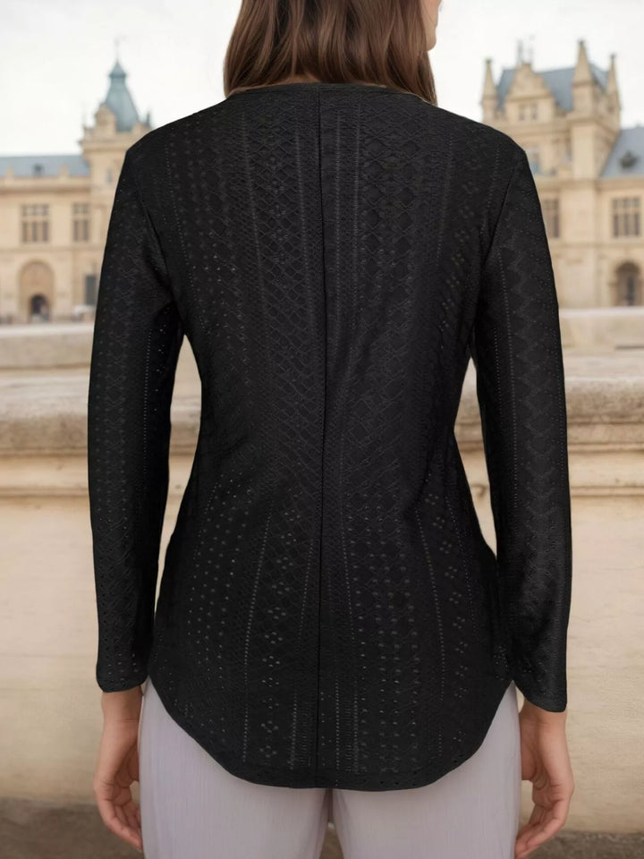 Lace yoke long sleeve top with textured eyelet knit