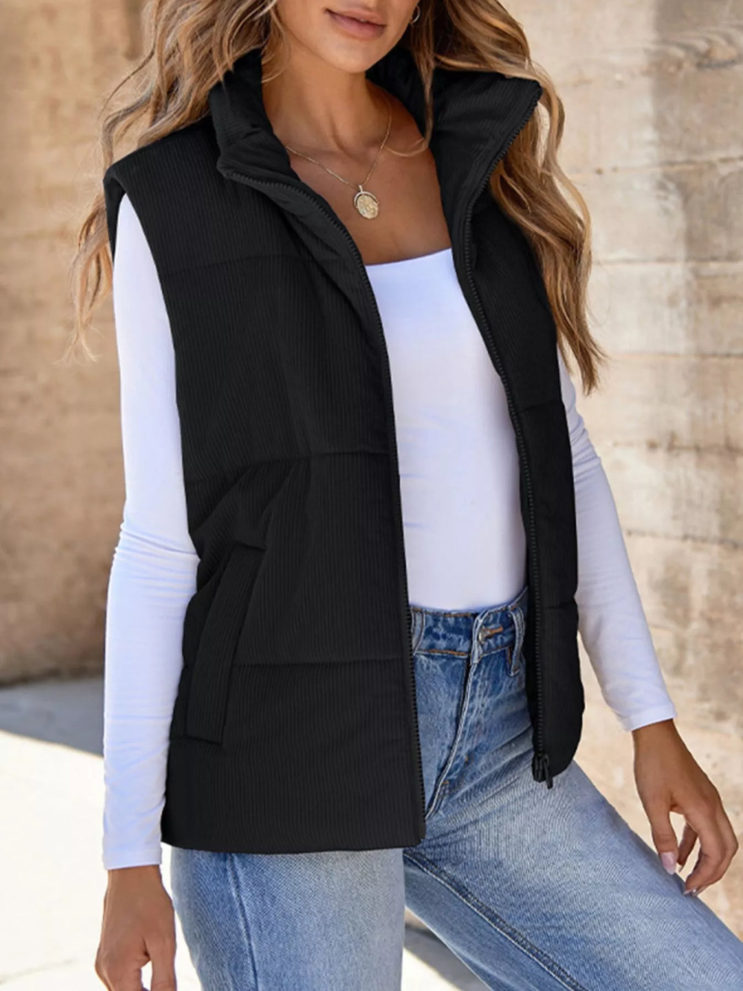 Corduroy stand collar zip-up puffer vest