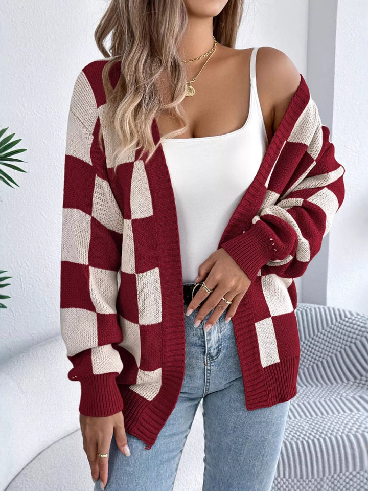 Burgundy Checkerboard open front knit cardigan with ribbed trim