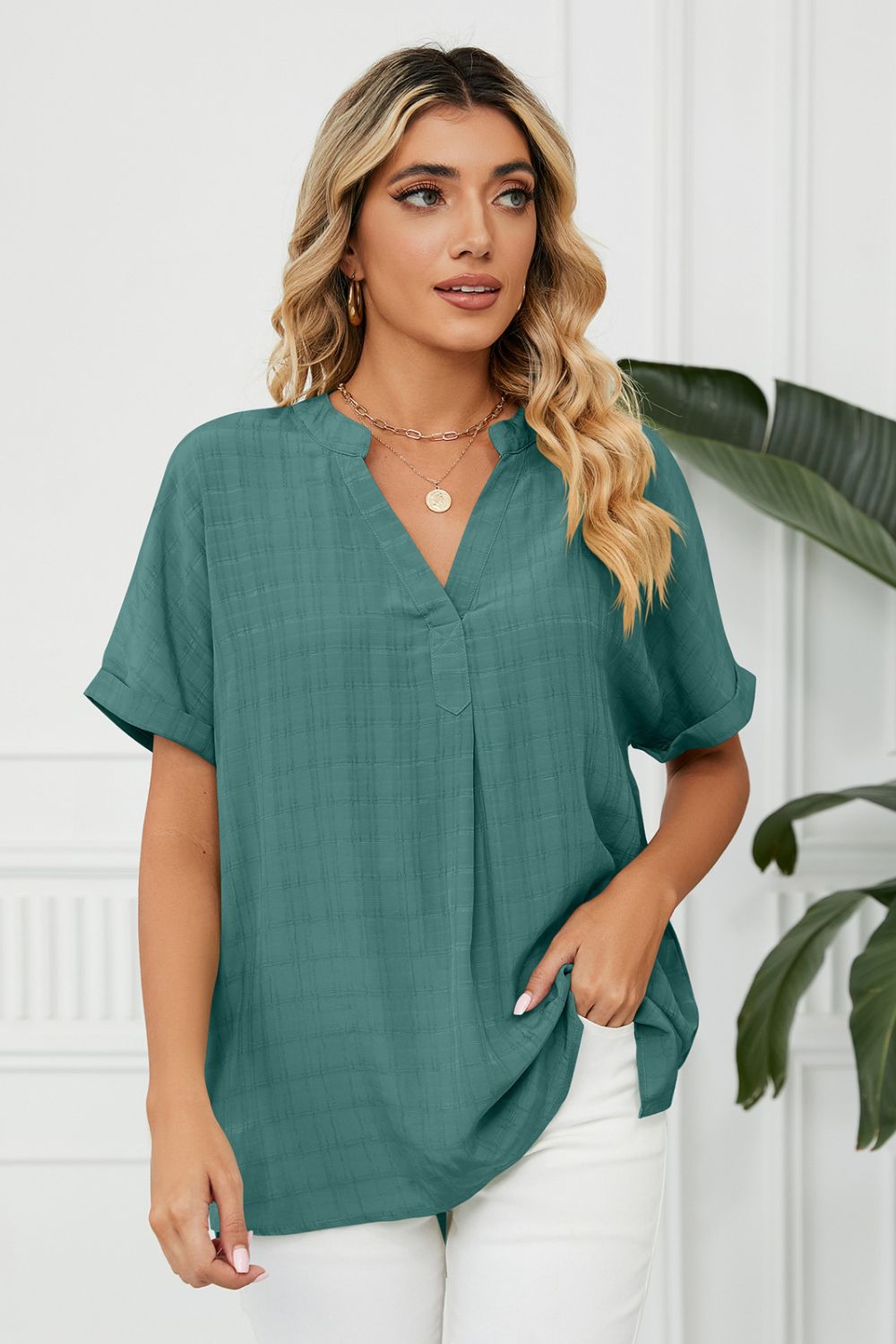 Turquoise Notched neck cuffed short sleeve blouse with side slits