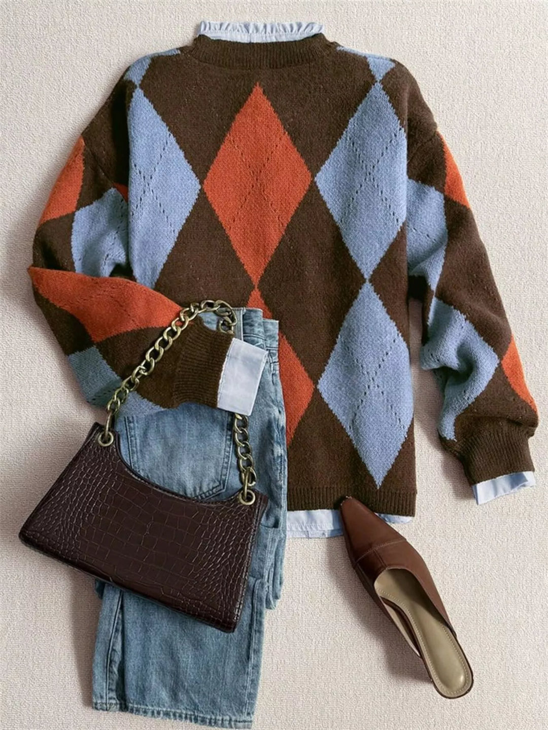 Argyle diamond knit round neck pullover sweater