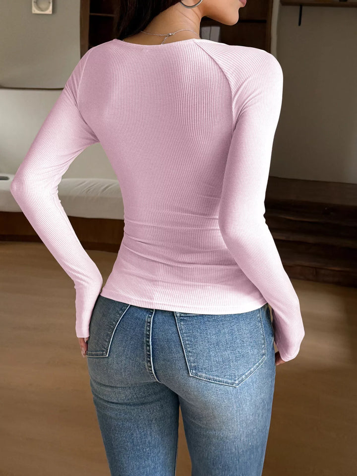 Ribbed lace-trim long sleeve top with square neck