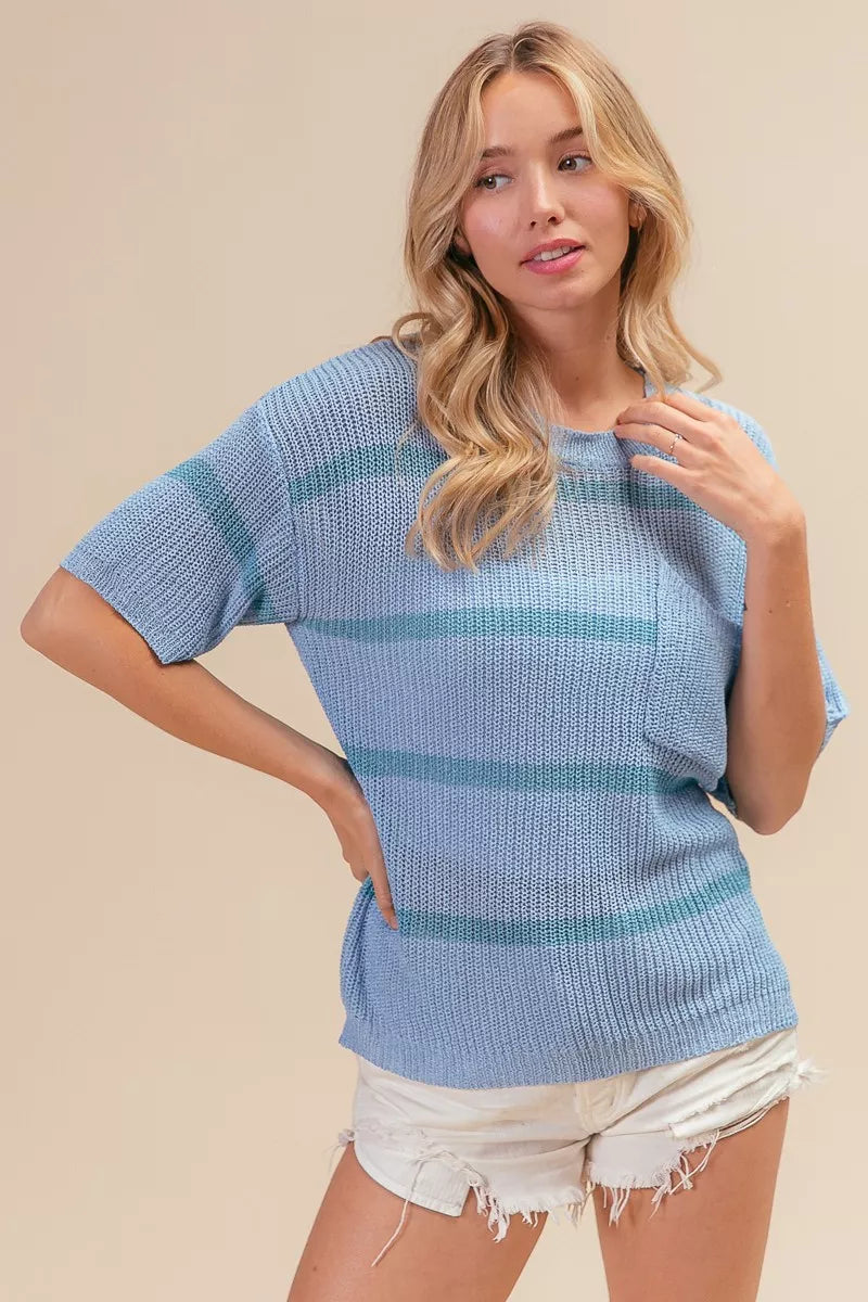 Striped short-sleeve knit sweater top with patch pocket