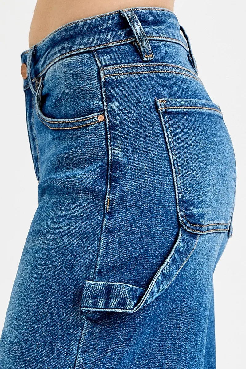 High-rise wide leg carpenter jeans with patch detail