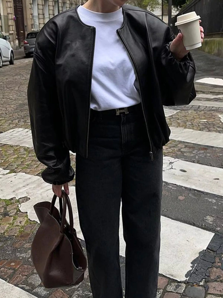 Black Cropped faux leather zip-up bomber jacket