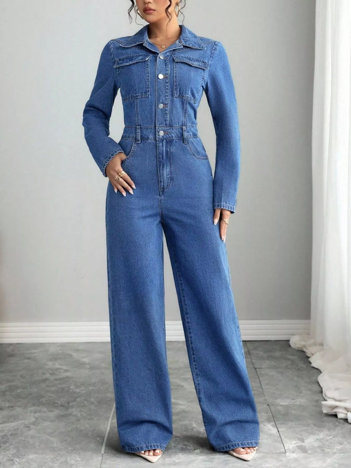 Button front wide leg denim jumpsuit with collar