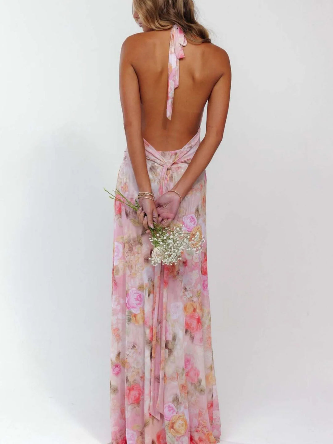 Backless floral halter deep V maxi dress with ruched waist