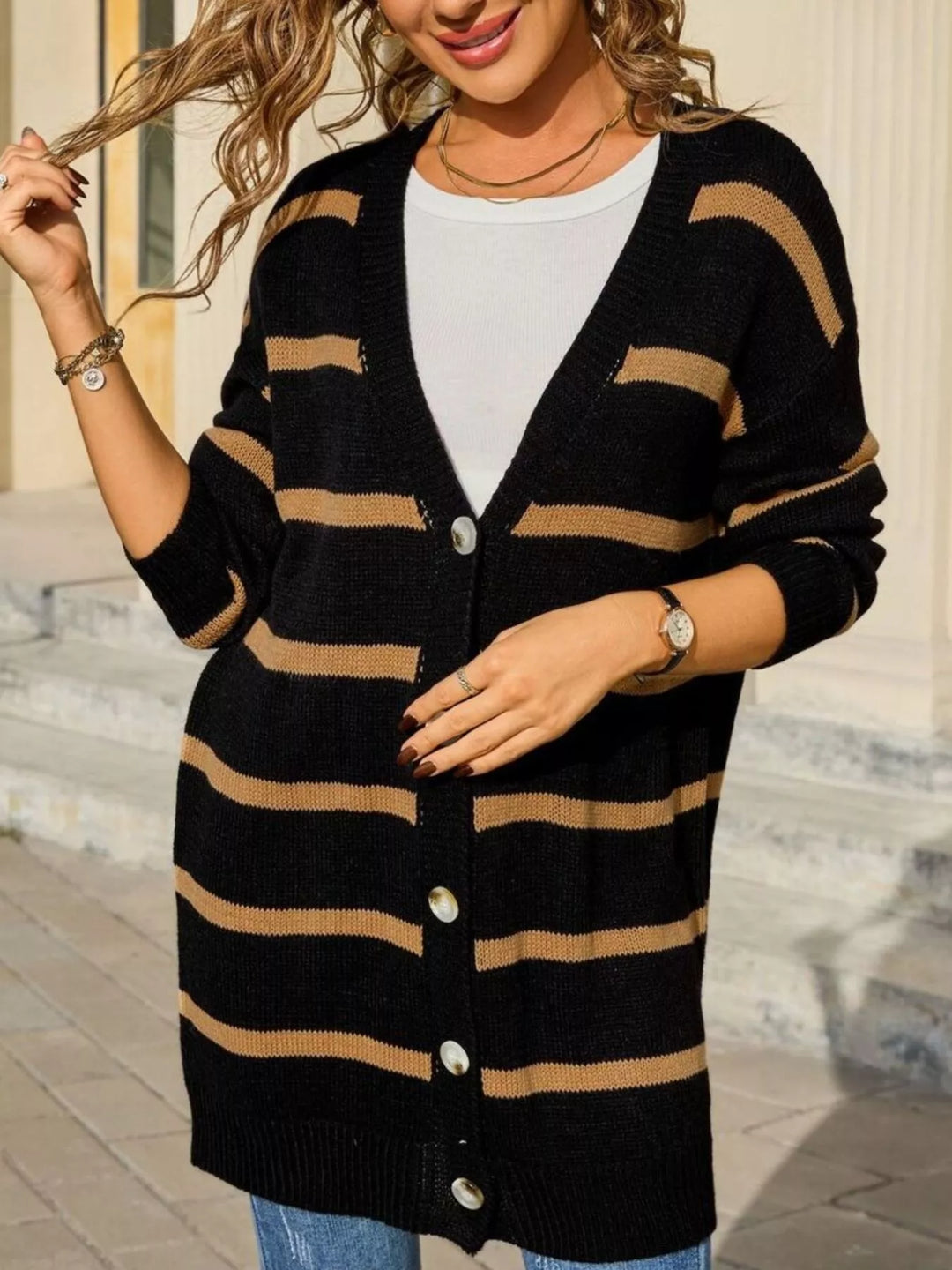 Striped button-front longline knit cardigan with ribbed trim