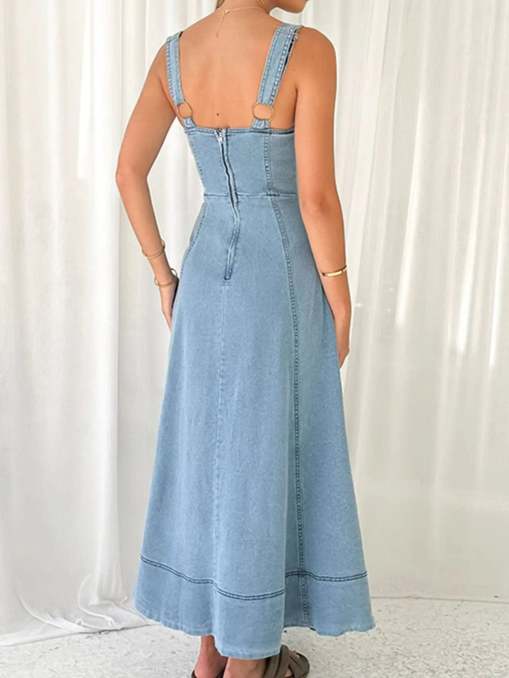 Sweetheart neckline button-front denim maxi dress with pockets