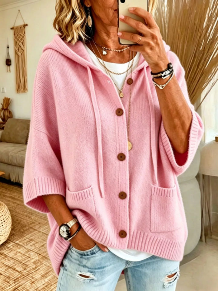 Pink Hooded button-down knit cardigan with patch pockets