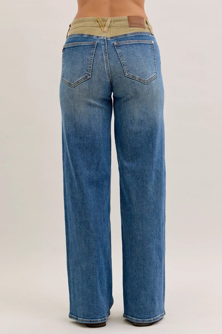 Mid-rise straight leg jeans with corduroy waistband