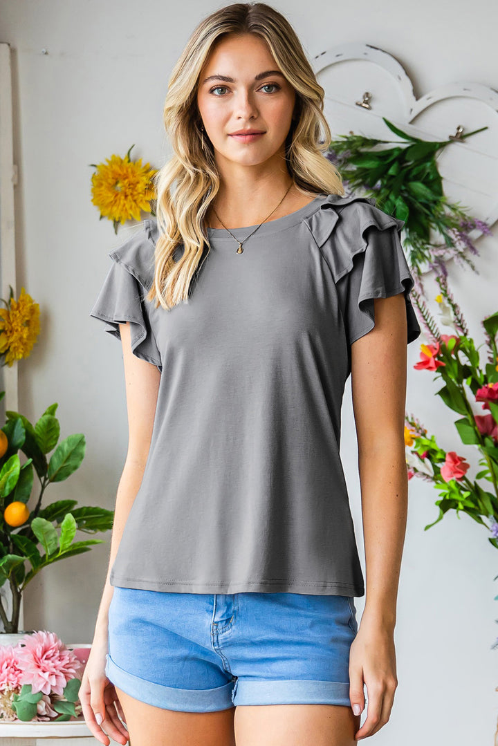 Mid Gray Layered ruffle flutter sleeve round neck top