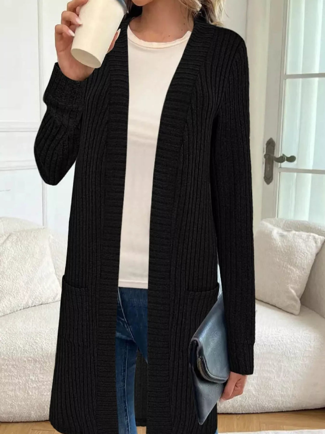 Black Ribbed knit open-front longline cardigan with pockets