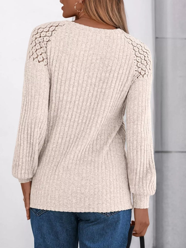 Ribbed knit long sleeve top with lace shoulder detail
