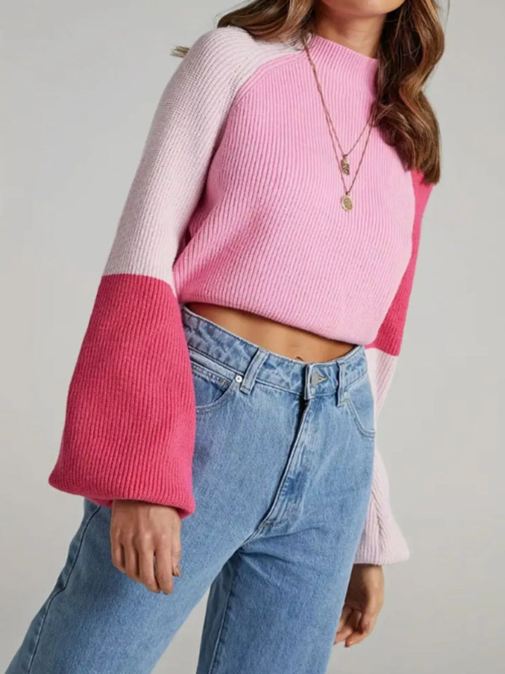 Color block ribbed knit mock neck sweater with balloon sleeves