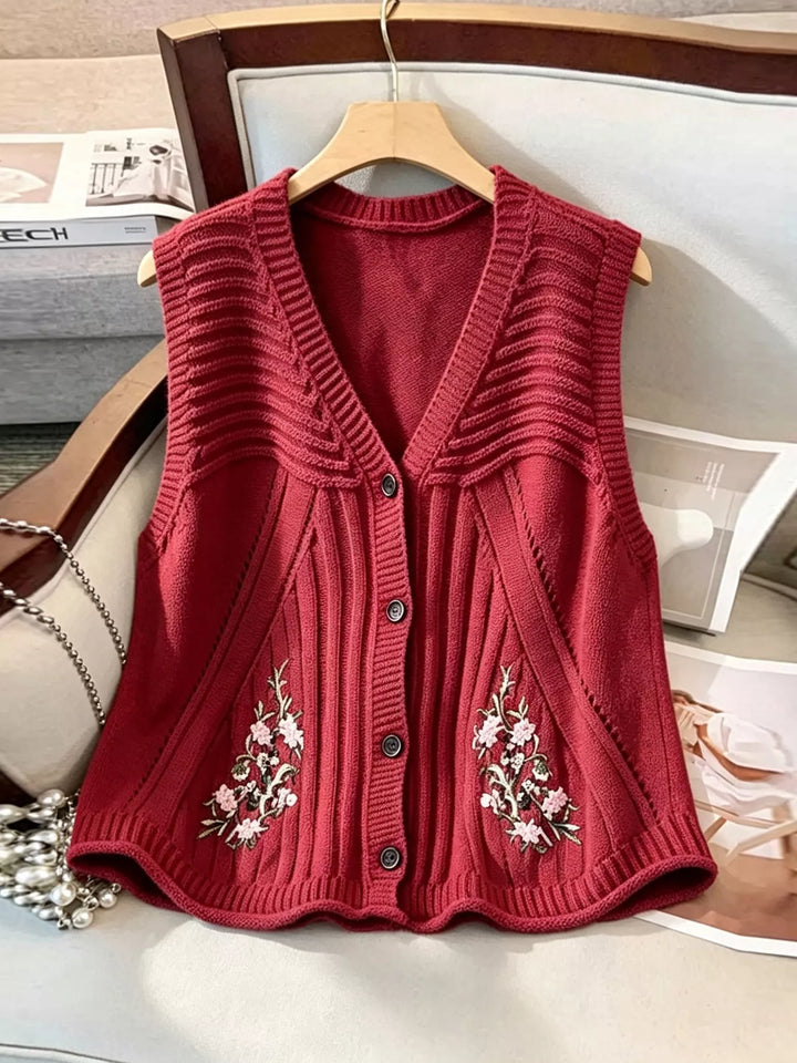 Deep Red Floral embroidered knit sweater vest with button front