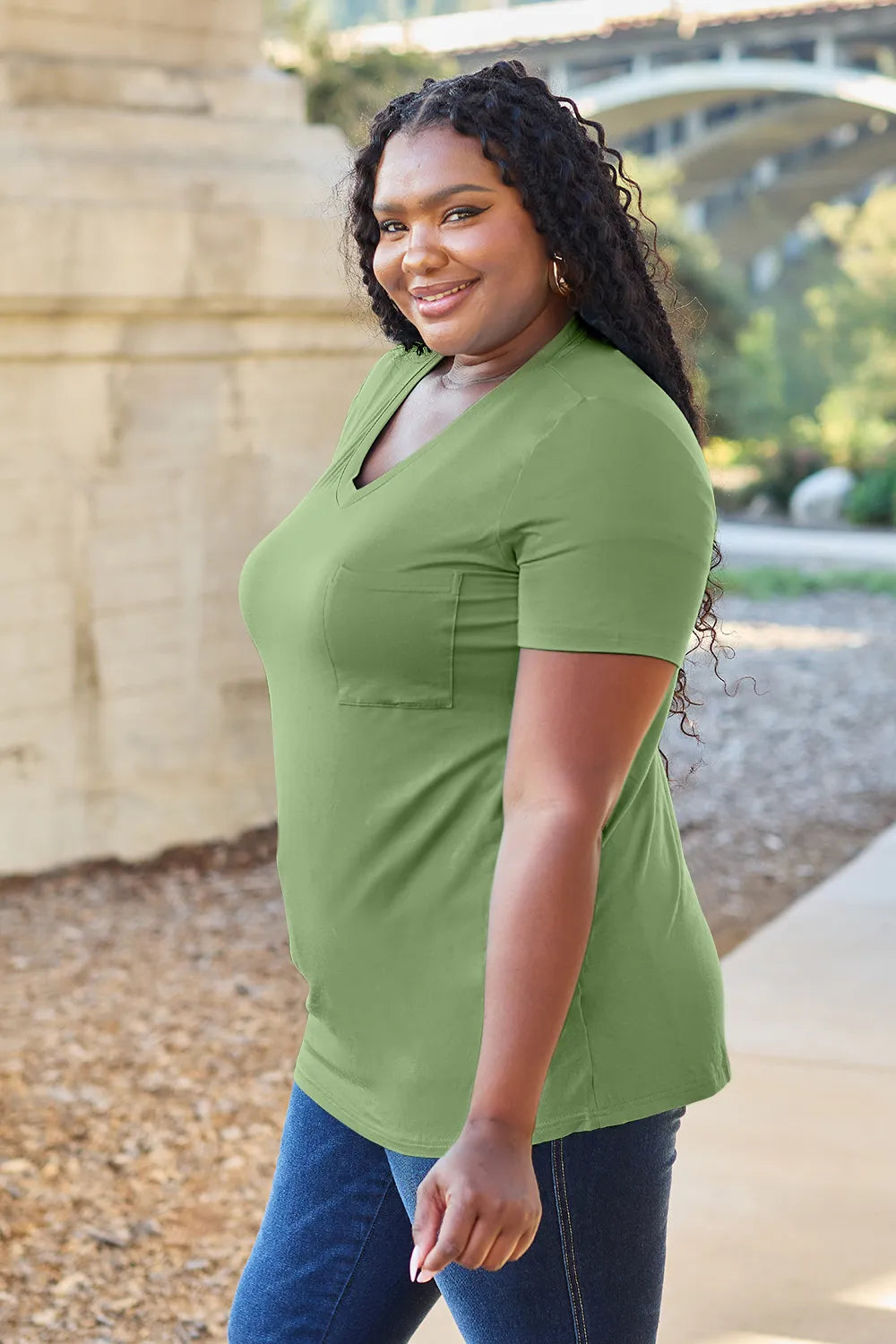 V-neck short sleeve bamboo tee with chest pocket