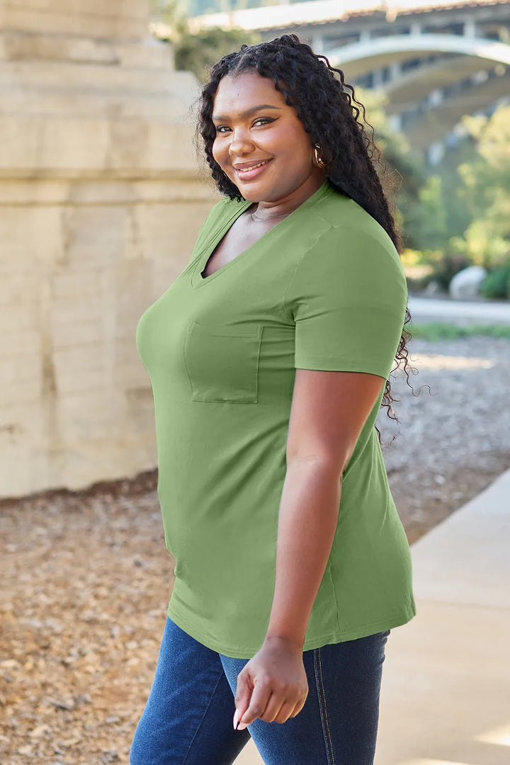V-neck short sleeve bamboo tee with chest pocket