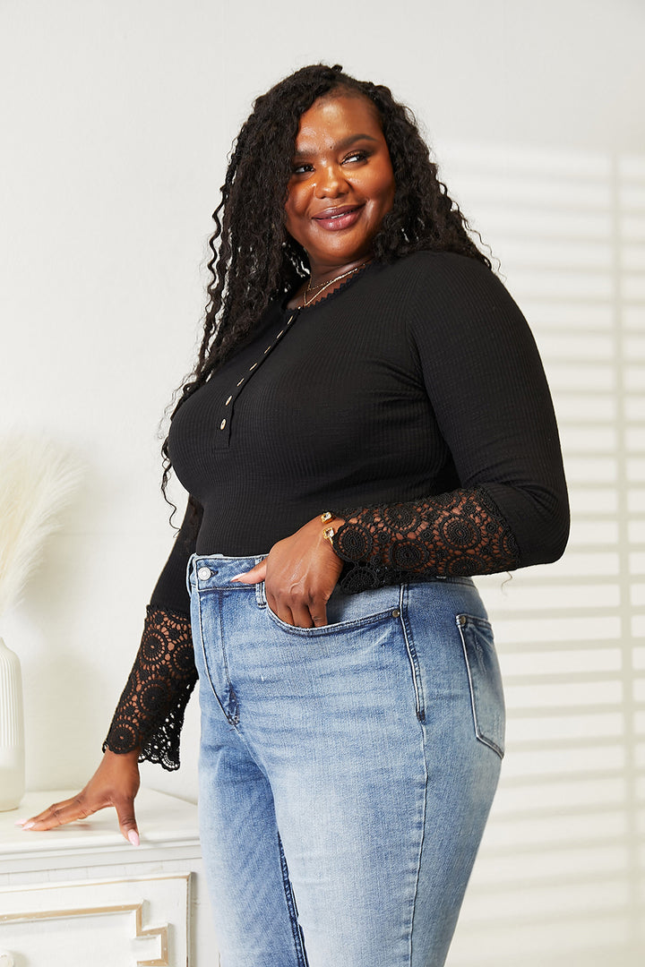 Ribbed knit henley top with crochet lace cuffs