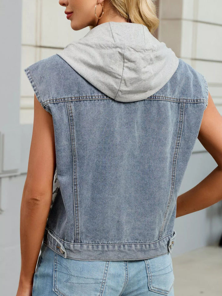 Leopard print hooded denim vest with flap pockets