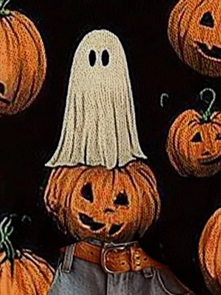 Halloween ghost and pumpkin graphic boat neck sweater