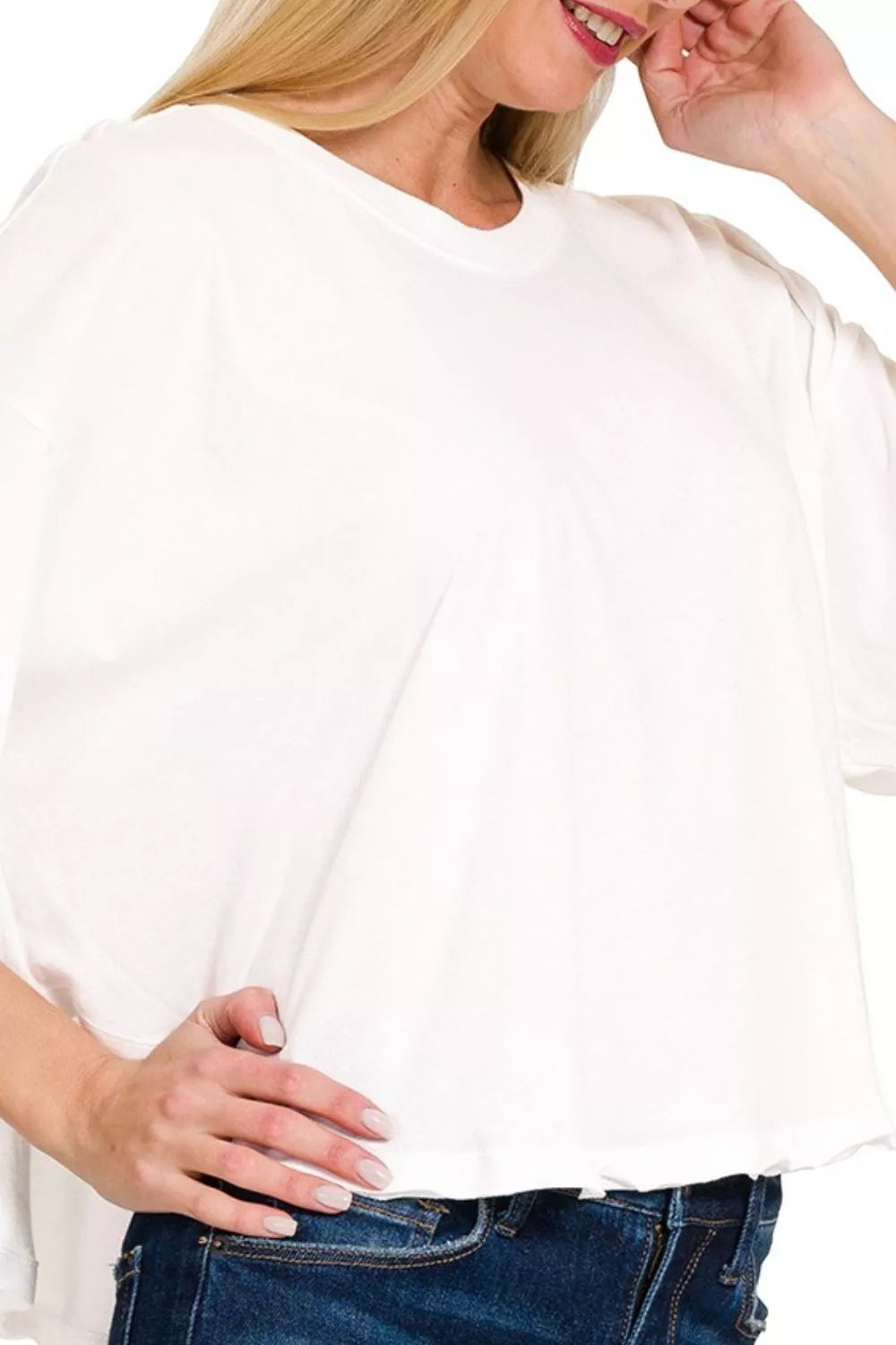 Ruffle sleeve oversized cotton crop top with crew neck