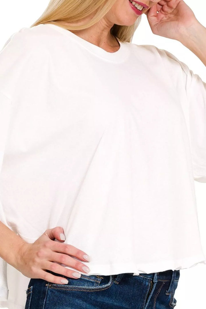 Ruffle sleeve oversized cotton crop top with crew neck