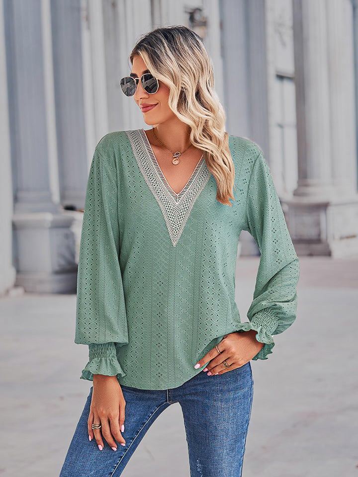 Eyelet V-neck blouse with lace trim and flounce sleeves