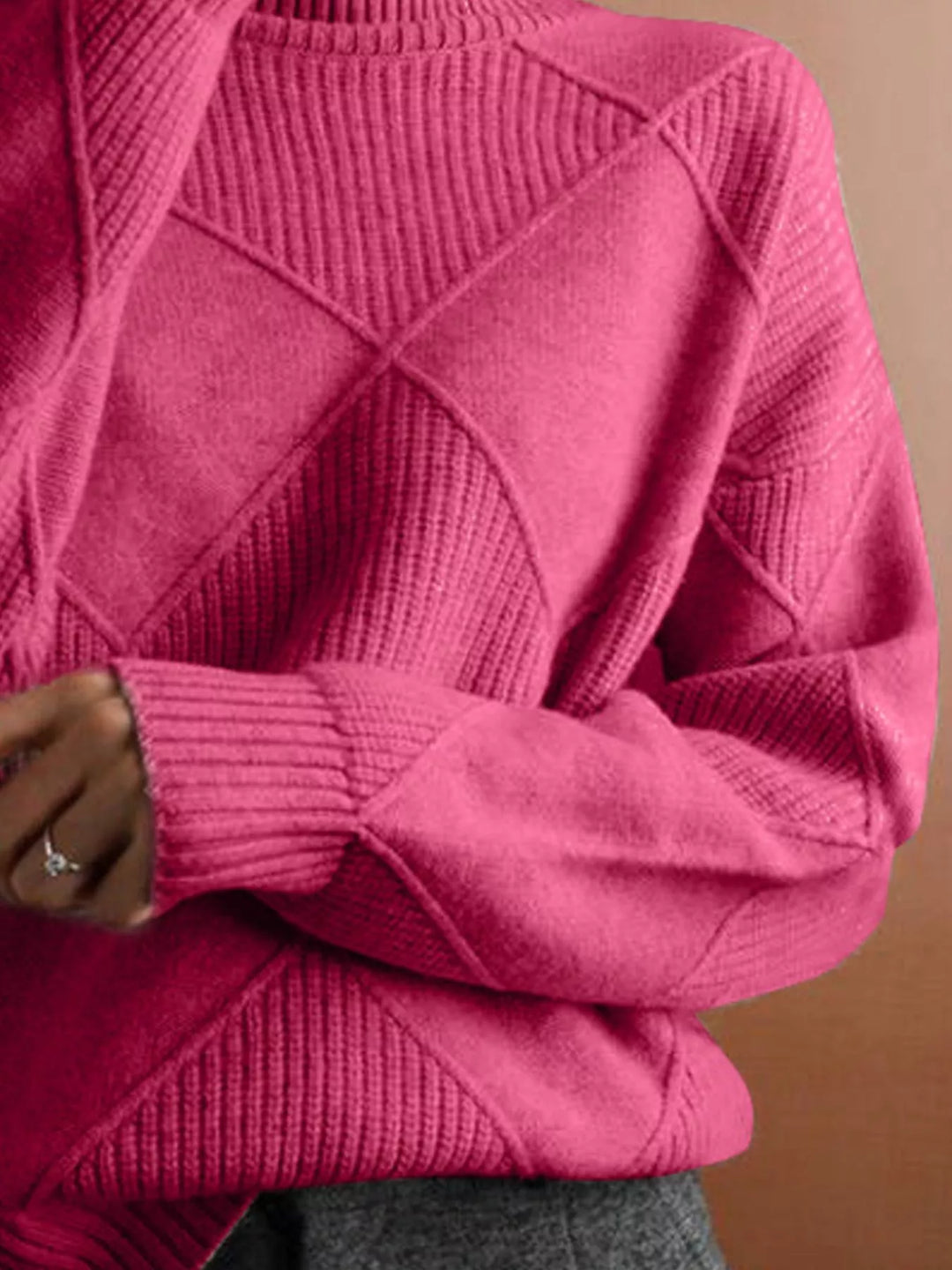 Textured argyle knit turtleneck sweater with ribbed cuffs