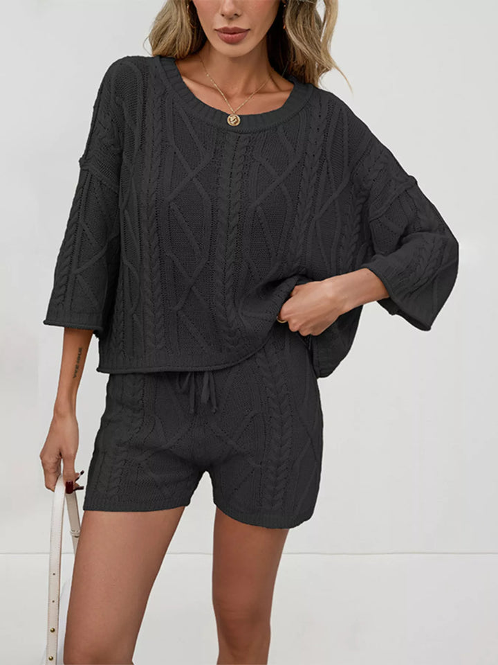 Black Cable knit three quarter sleeve sweater and shorts set