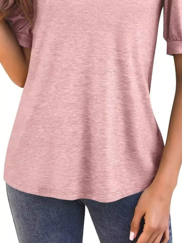Short puff sleeve notched V-neck casual tee