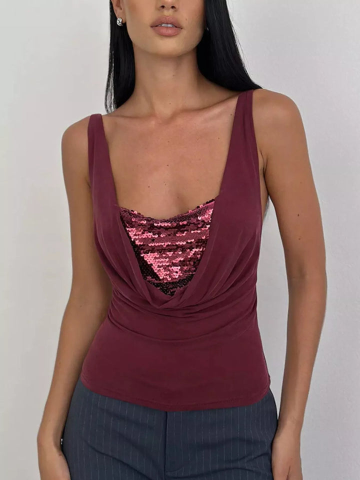Cowl neck ruched tank top with sequin bust panel