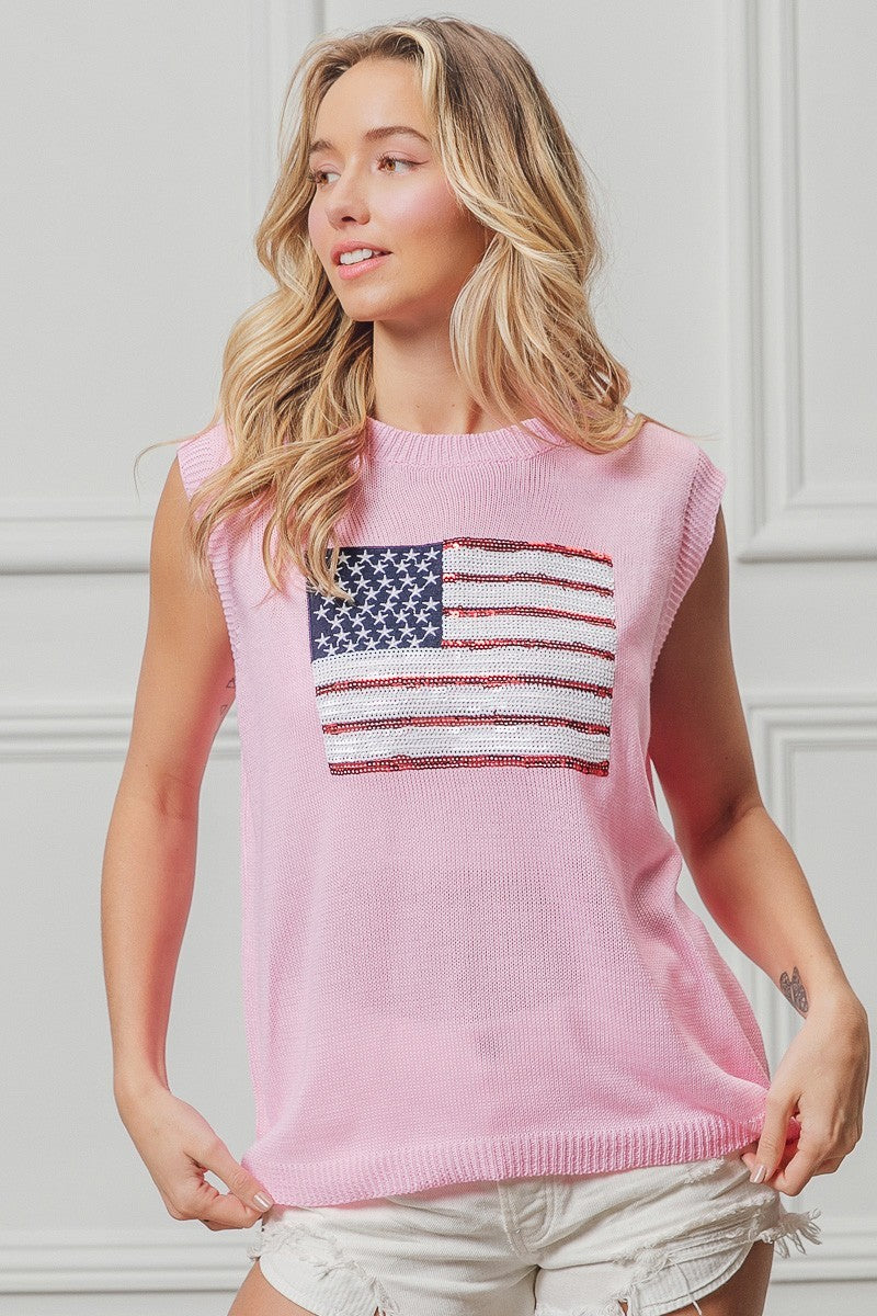 Sleeveless knit sweater vest with sequin American flag patch