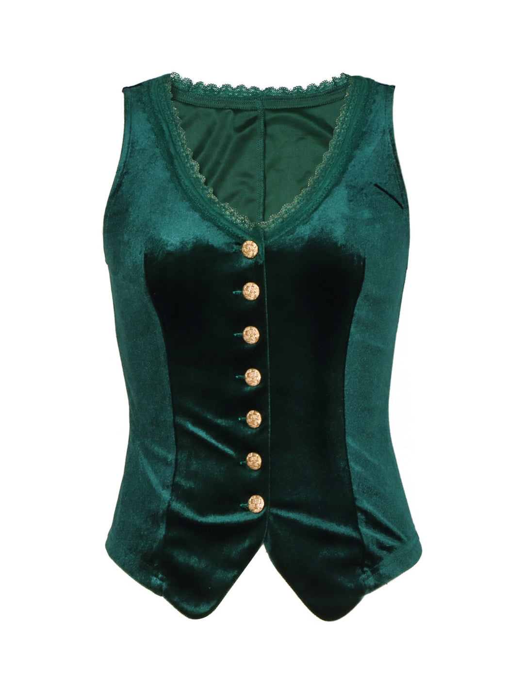 Lace-trim velvet vest top with gold buttons
