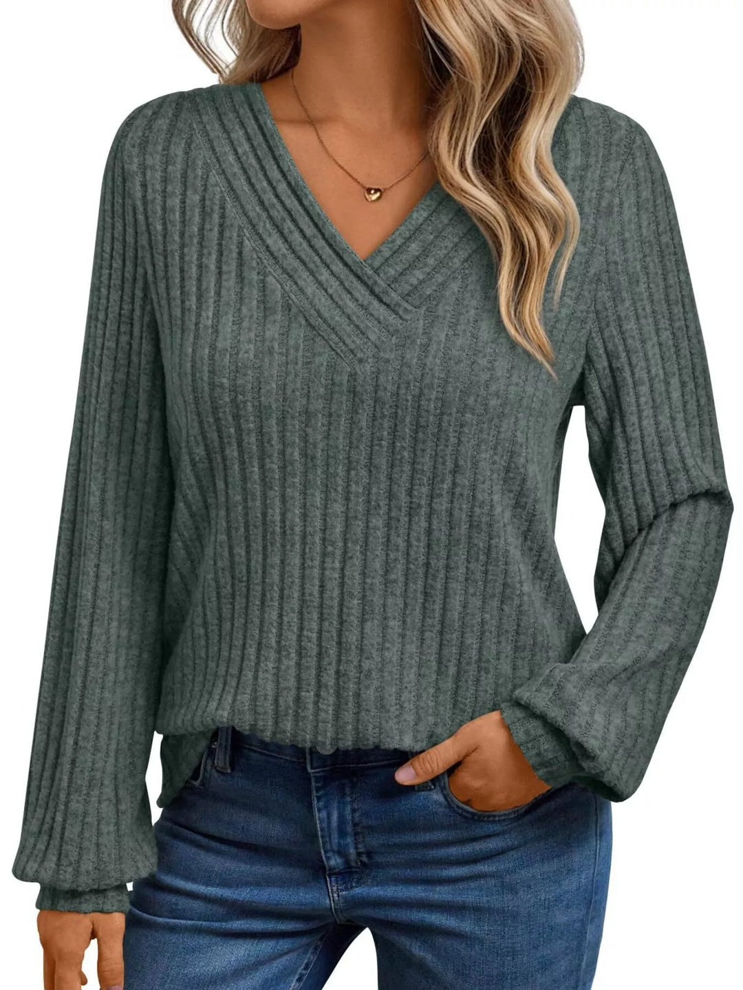 Ribbed knit v-neck top with blouson sleeves