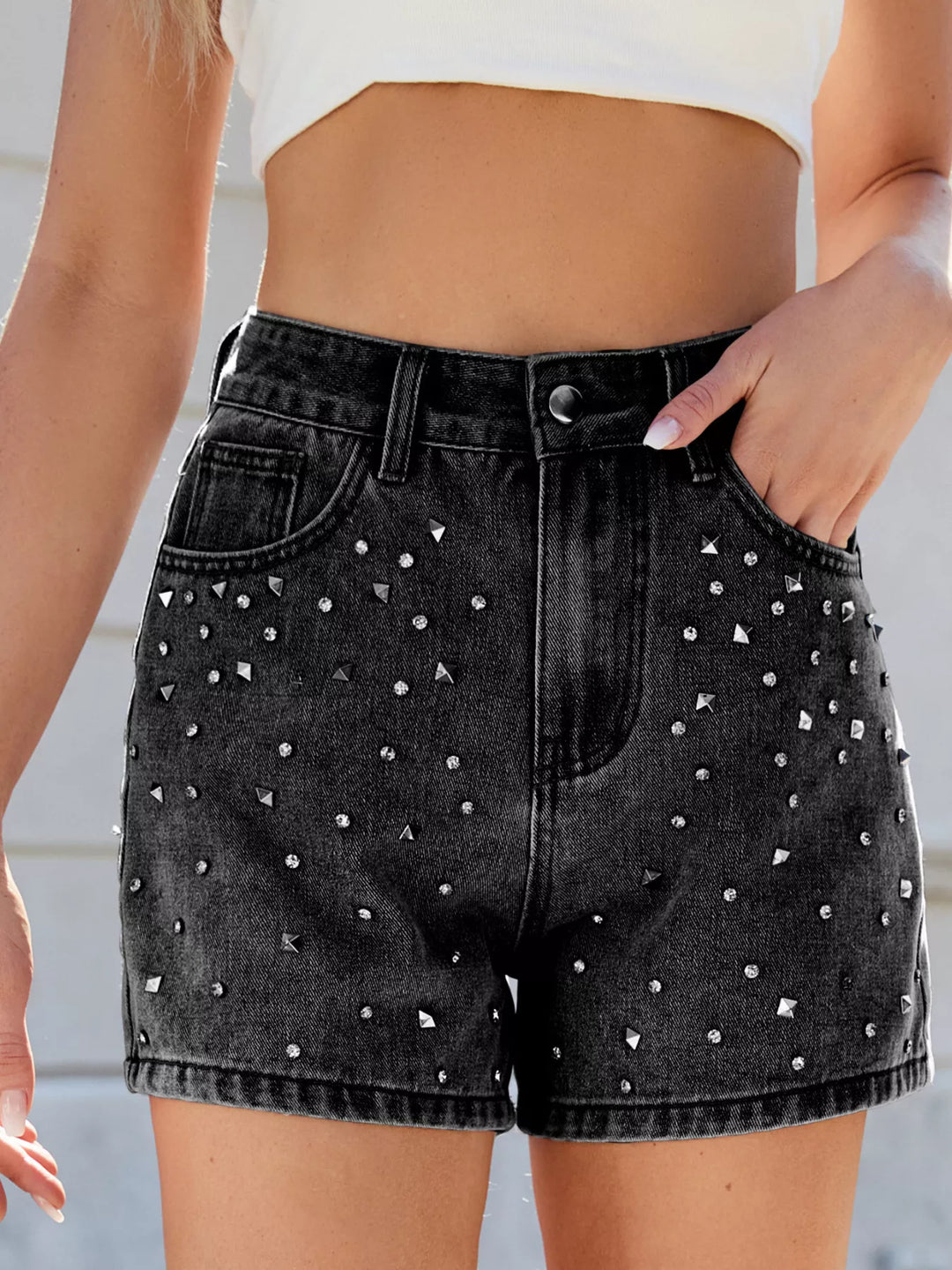 Studded rhinestone high-waist denim shorts