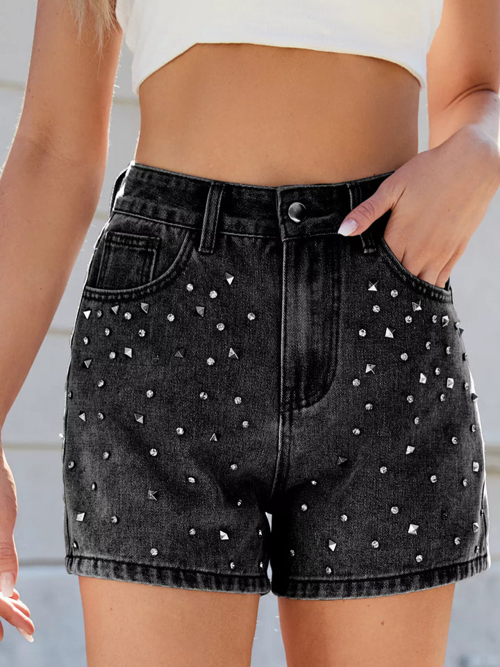Studded rhinestone high-waist denim shorts