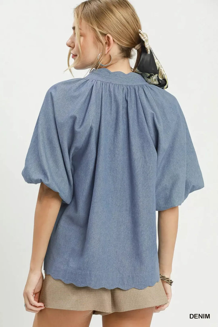 Chambray puff sleeve boxy top with scalloped hem