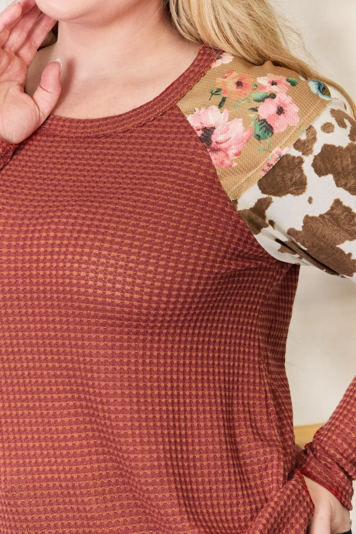 Waffle-knit top with leopard and floral print sleeves